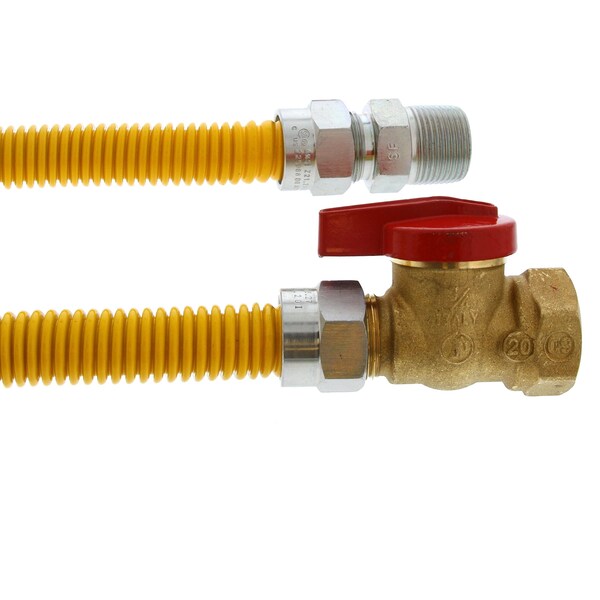 Jones Stephens 5/8in OD 1/2in ID Gas Connector Assembly, Yellow Coated, 3/4in MIP x 3/4in FIP Ball Valve x 12in G71204 - main